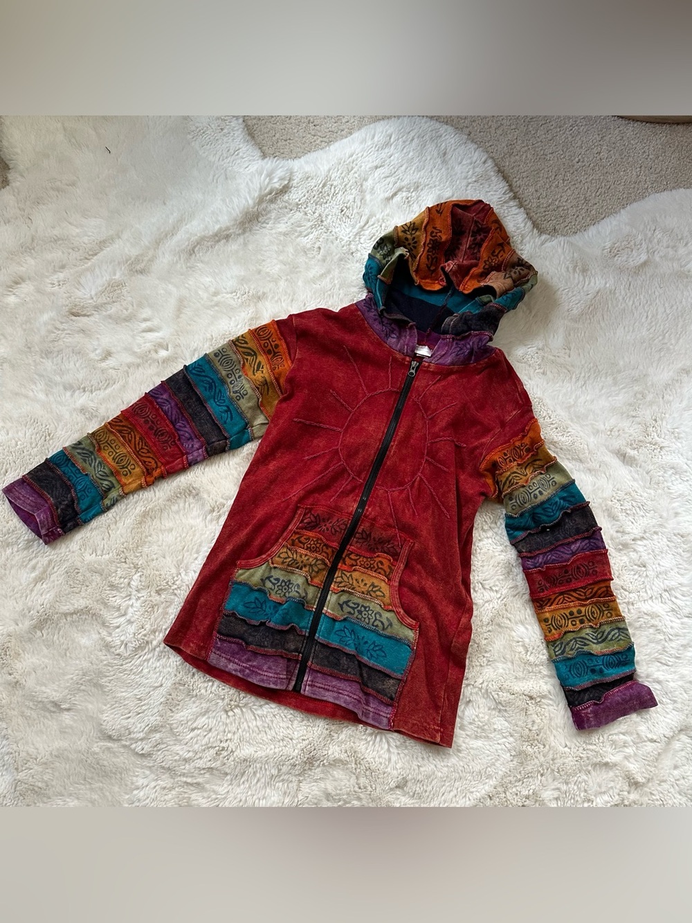 Hippie Patchwork Hooded Jacket with Multicolor Sleeves